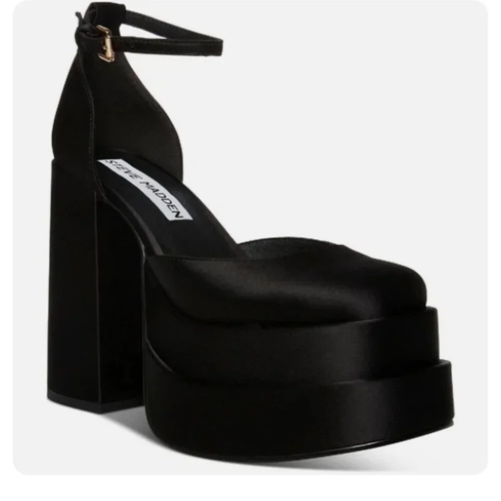 Steve Madden Black Satin Platform Block Heel Pumps